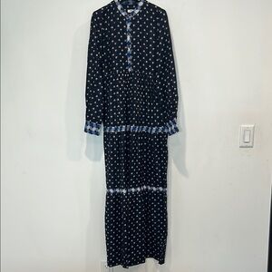 Warm Blue Black Buttoned Cotton Maxi Dress Bishop Sleeves conservative 0 new